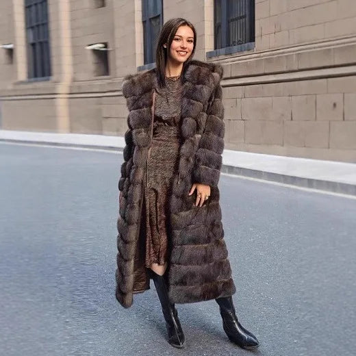 Thickened Warm Fur Trim Hooded Female Mink Fur Outwear Long Chic Lady Eco Fur Coat Vintage Brown Women Winter Faux Fur Jacket