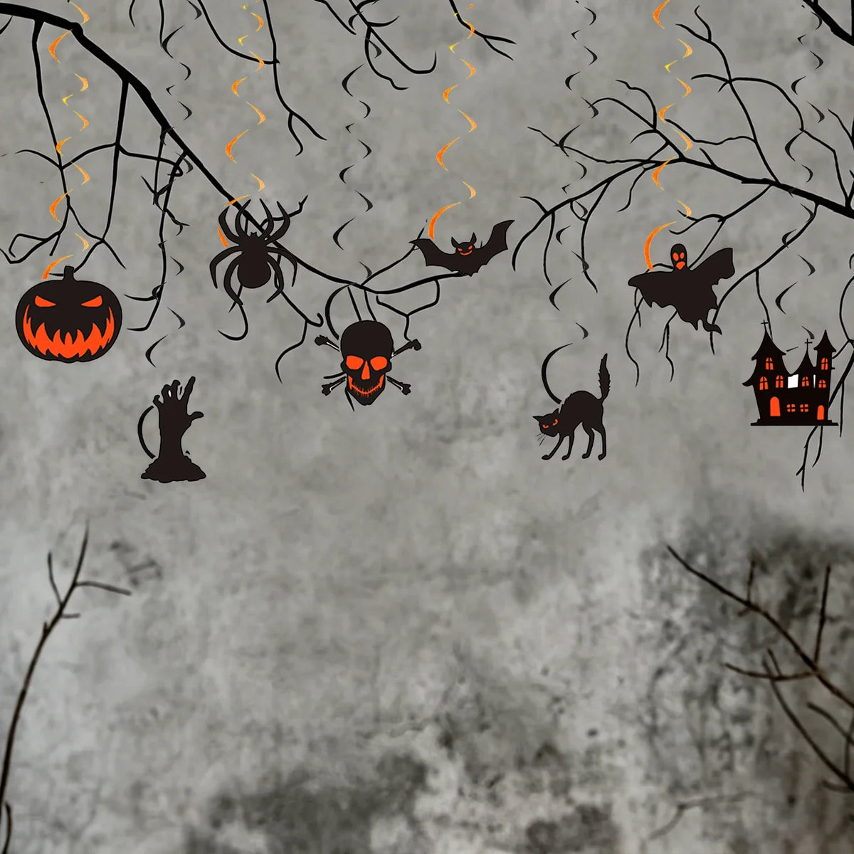 Halloween Hanging Swirl Ceiling Decorations Set – Pumpkin, Spider, Bat, Skull, Ghost & Black Cat Cutout Streamers for Party Decor