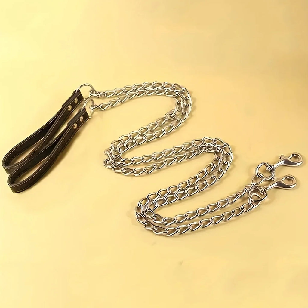1pc-120cm Anti Bite Dog Chain Leather Handle Chain Durable Metal Anti Chewing Training Dog Leather