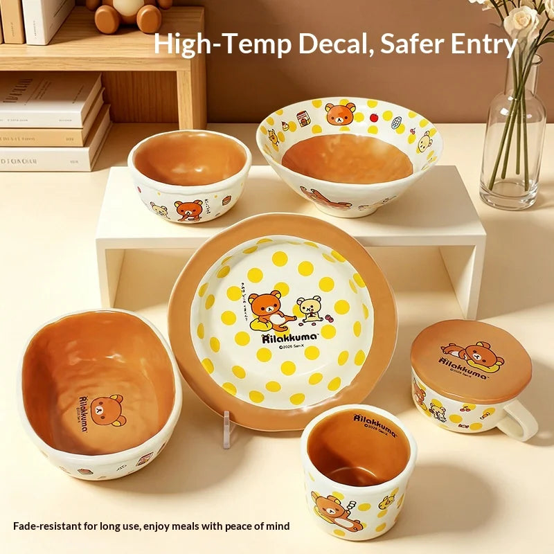 Mtutu 2026 New Rilakkuma Ceramic Tableware Set Cute Printed Plate Soup Bowl Fruit Plate Mug Cup Set Home Supplies Holiday Gifts
