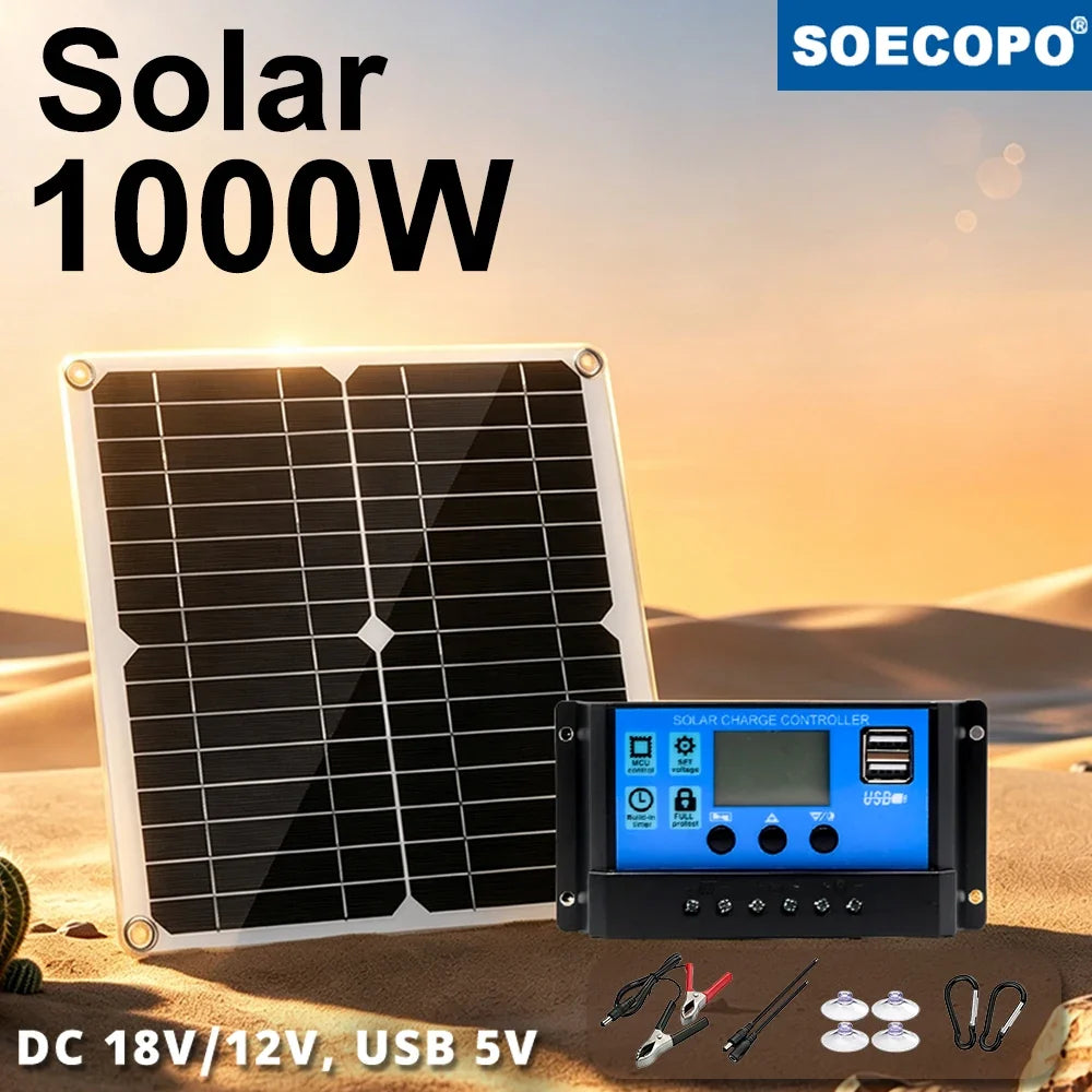 1000W Solar Panel 12V Solar Cell 10A-100A Controller Solar Plate Kit For Phone RV Car Caravan Home Camping Outdoor Battery