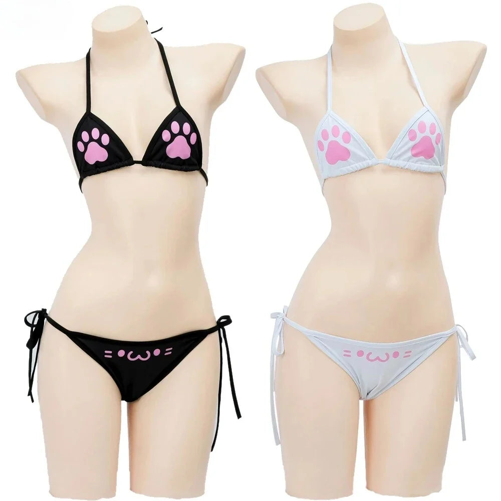 Anime Kawaii Girl Cute Cat Paw Bikini Swimsuit Women Claw Pattern Three Point  Underwear Set Costume Cosplay