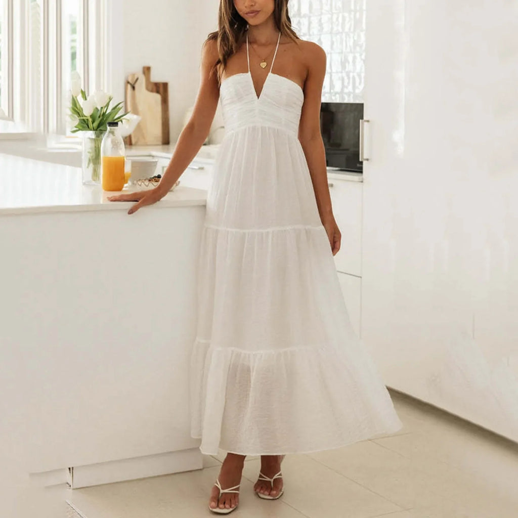 Women's Sleeveless V-Neck Casual Maxi Dress – Solid Color Spaghetti Strap A-Line Summer Dress