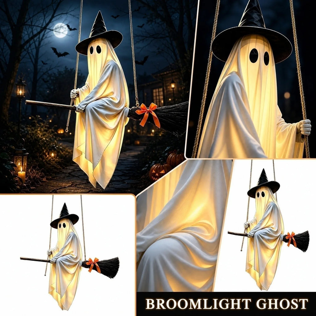 Hanging Ghost Broom Halloween Decoration with Light Options