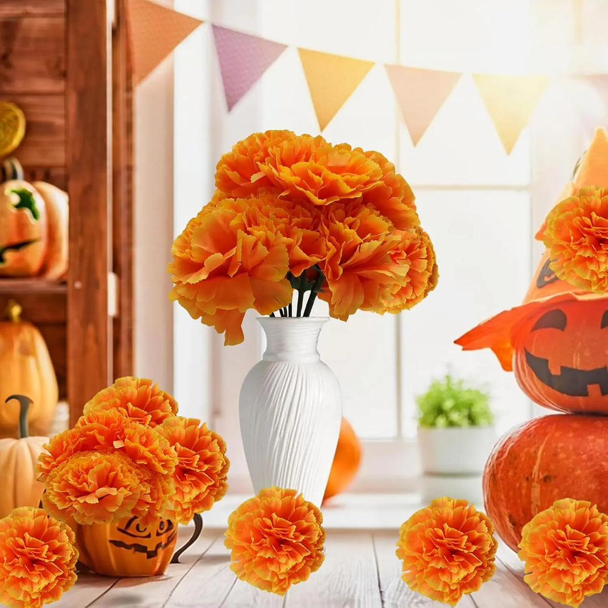 Halloween Decoration Artificial Orange Marigold Flowers Silk Fake Paper Flowers for Day of the Dead Diwali Festival Decor