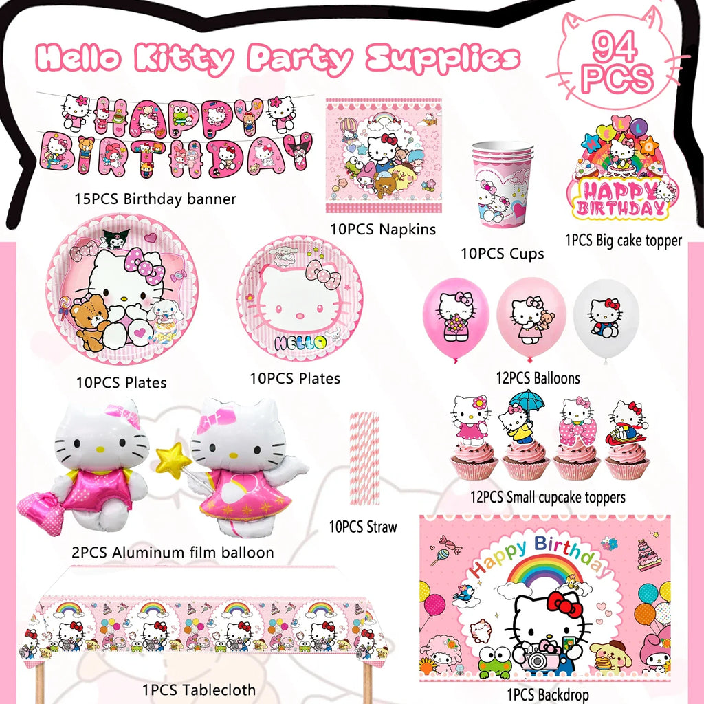 124 Pcs Hello Kitty Party Decorations & Tableware Set - Kitty Plates Backdrop Balloon Banner Etc Hello Kitty Birthday Decoration