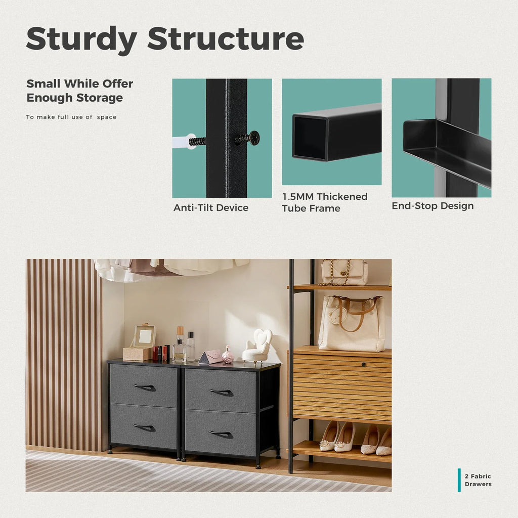 MCQ 2-Drawer Fabric Nightstand - 1.5mm Steel Frame, MDF + Waterproof Wooden Top, Adjustable Feet, Ivory / Grey / Chocolate / Black
