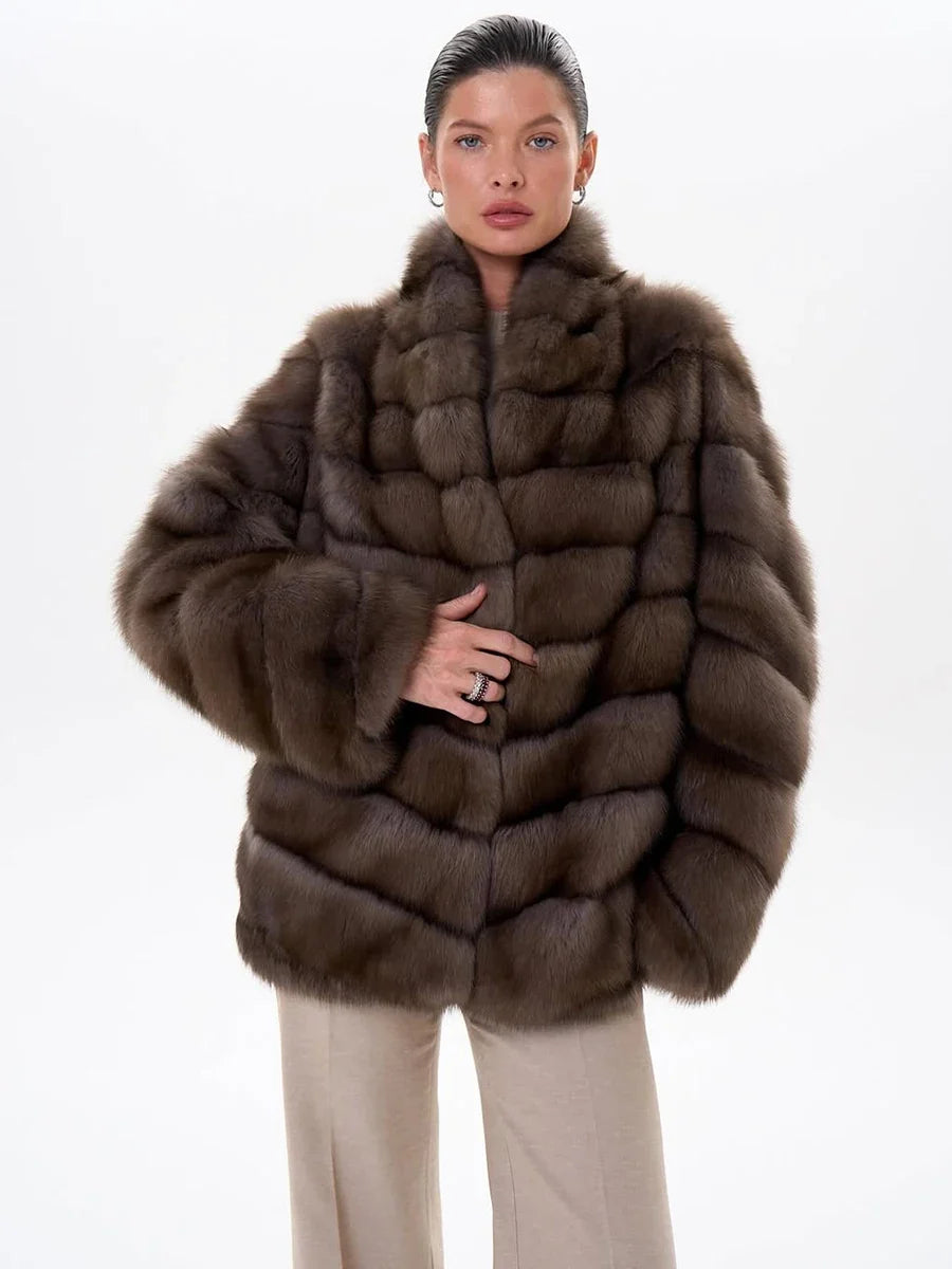 Women Winter Faux Fur Coat 2026 Warm Taupe Fluffy Plush Jacket Striped Patchwork Elegant Outerwear