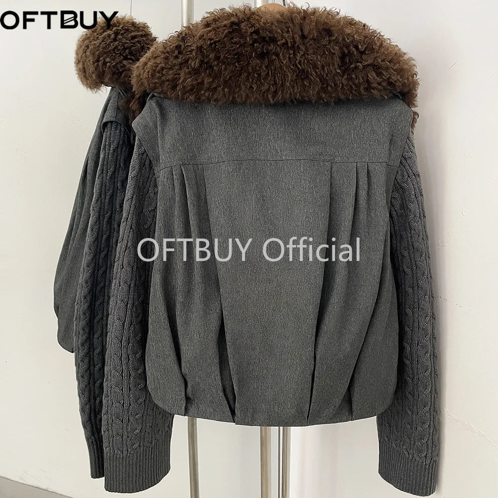OFTBUY Women Winter Real Lamb Wool Fur Collar 90 White Duck Down Jacket Cable Knit Sleeve Zipper Drawstring Cropped Coat