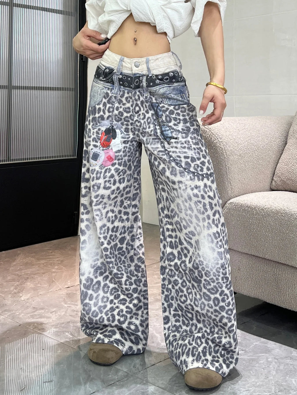 1PC Vintage Leopard Print High-Waist Loose Women's Jeans, Fashionable Design, Street Style Casual Versatile Wide-Leg Pants