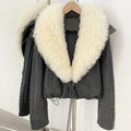 OFTBUY Women Winter Real Lamb Wool Fur Collar 90 White Duck Down Jacket Cable Knit Sleeve Zipper Drawstring Cropped Coat