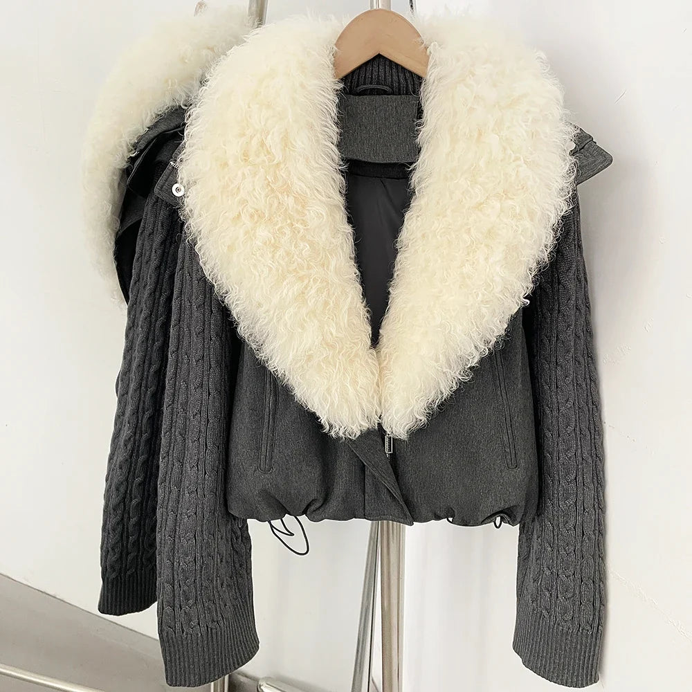 OFTBUY Women Winter Real Lamb Wool Fur Collar 90 White Duck Down Jacket Cable Knit Sleeve Zipper Drawstring Cropped Coat