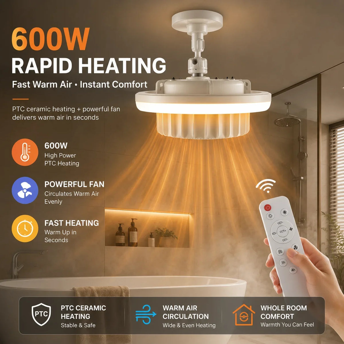 3-in-1 Bathroom Heater Fan Light 600W PTC Heating E27 Socket 3 Color LED Ceiling Lamp with Remote Control And 1H 2H 4H Timer