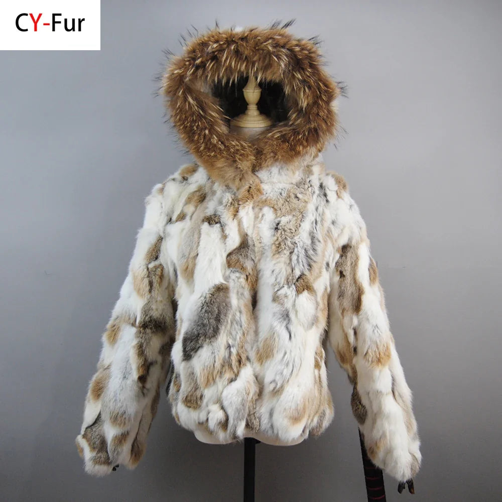 New Russian Women Real Rabbit Fur Coats Winter Warm 100% Natural Rabbit Fur Jacket Lady Warm With Raccoon Fur Hooded Outerwear