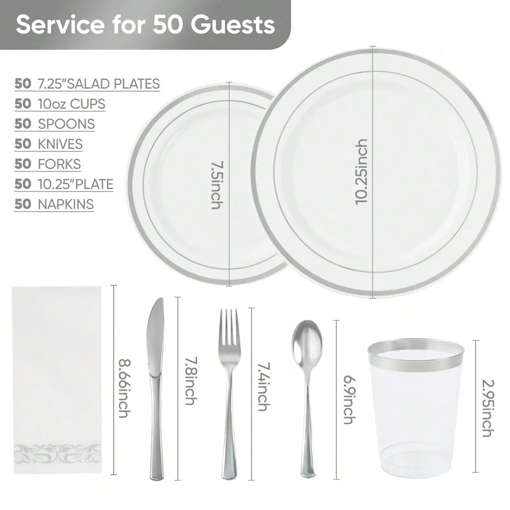 Disposable Dinnerware Set Elegant Luxury White Gold Rim Plastic Plates Gold Cutlery Cups Napkins 350 Pcs Serves 50 Guests Heavy Duty Party Tableware Set For Wedding Birthday Party Catering Showe