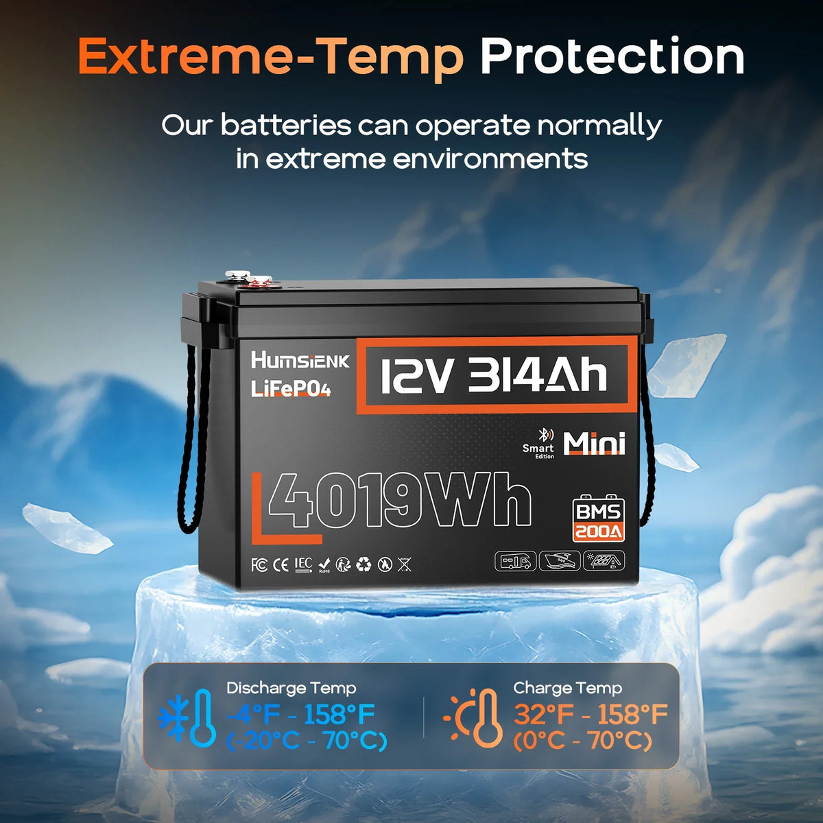 Humsienk 12V 314Ah LiFePO4 Battery, Capacity 4019Wh, Size MINI, Built-in Bluetooth & 200A BMS, 15000+ Deep Cycle, Low-Temp Protection For Fishing, Portable Power Station, Golf Cart, Boat, Marine, Off-Grid, Solar, 5-Year Warra