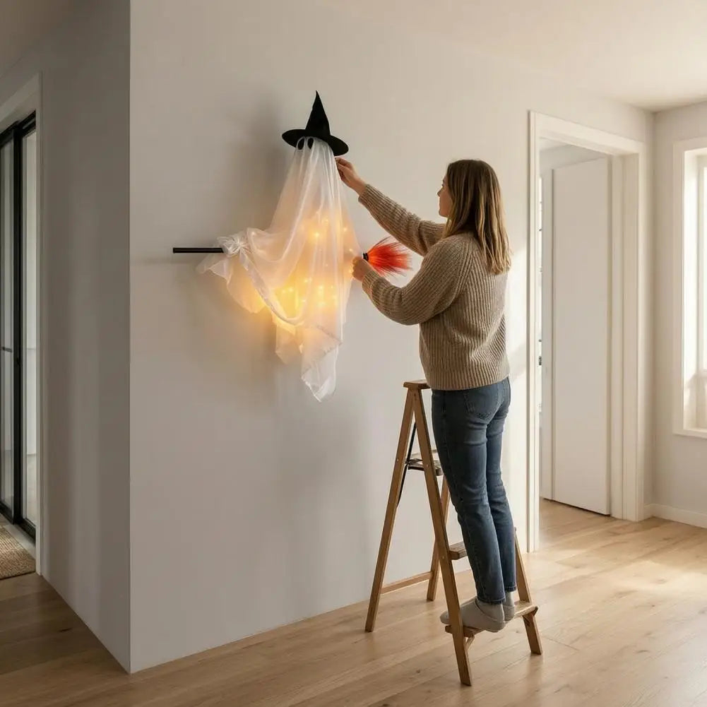 Hanging Ghost with Broom Halloween Decoration, Light Options