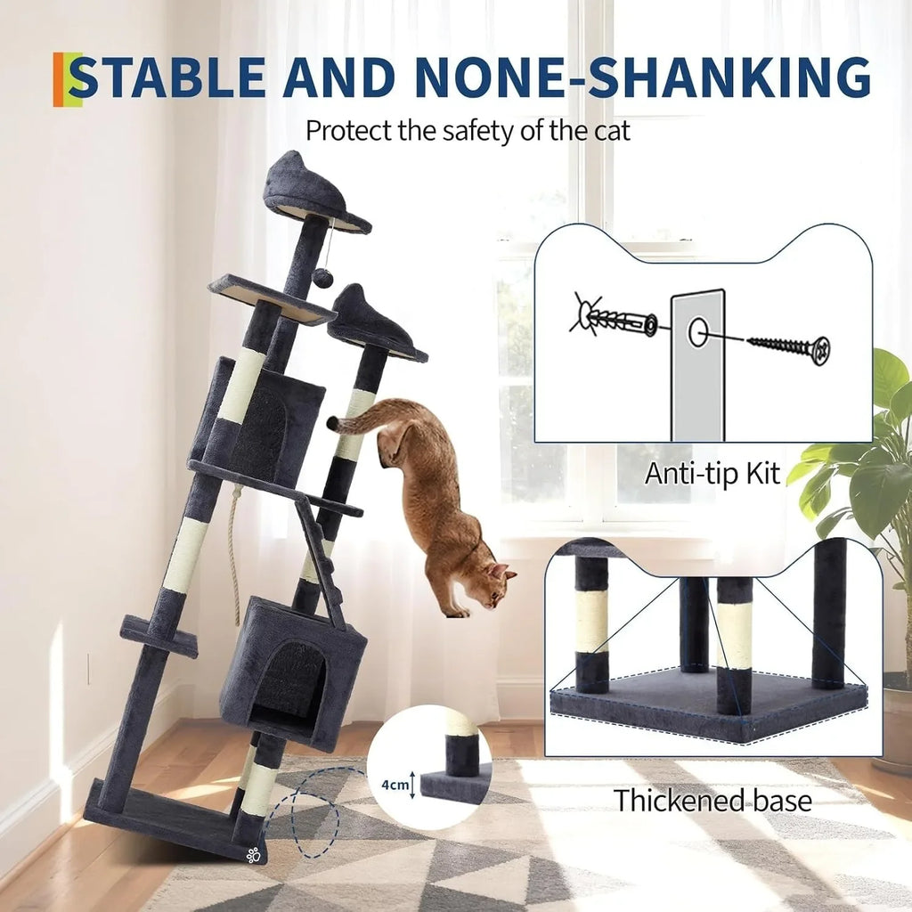72-Inch Multi-Level Cat Tree Tower - Particle Board, 6 Sisal Posts, 2 Condos, 3 Perches, Hammock, Tunnel, Anti-Tip Kit, Grey