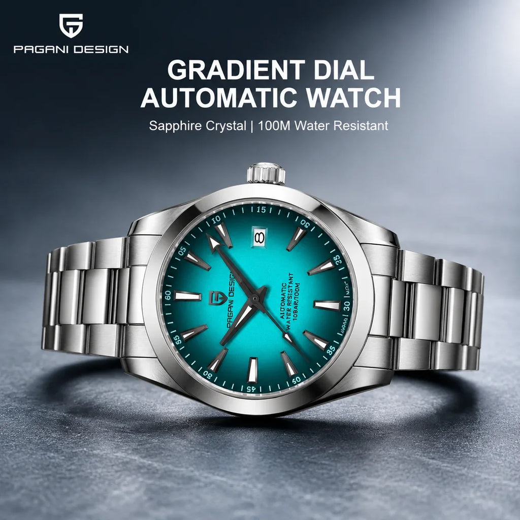 Pagani Design Men Automatic Watch Turquoise Dial Stainless Steel Band Japan Movement 100M Waterproof Luxury Casual Business Wristwatch With Date Display Sapphire Glass Luminous Hands For Men