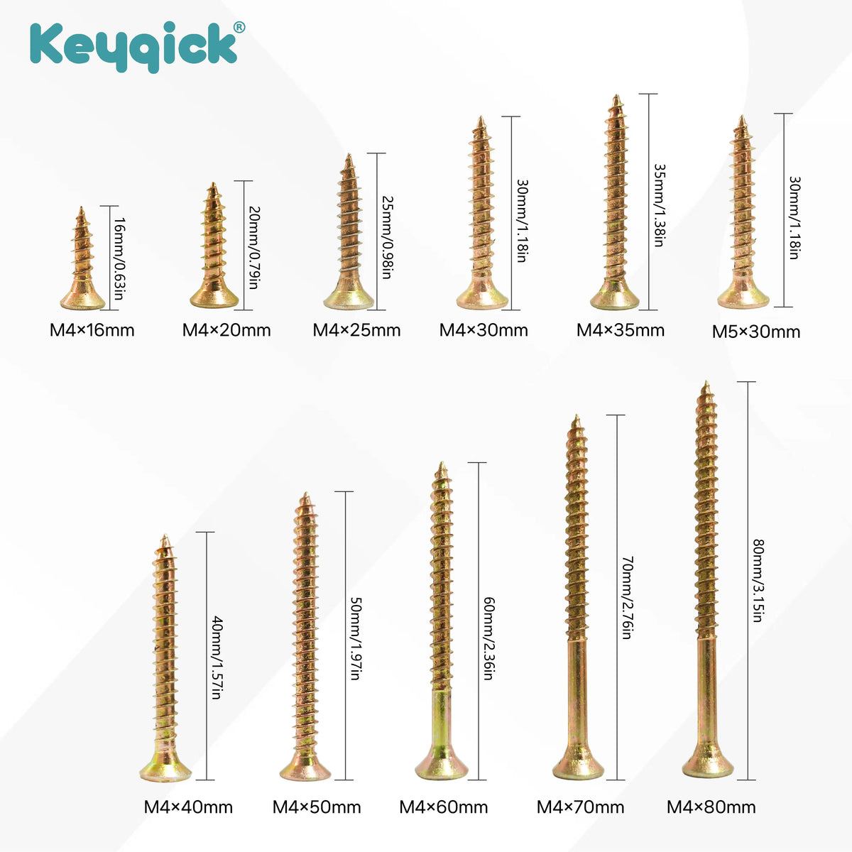 M4 / M5 Zinc-Coated Self-Tapping Wood Screws - Full Thread, Countersunk Phillips Head, 16-80mm, 100 / 200 Pack