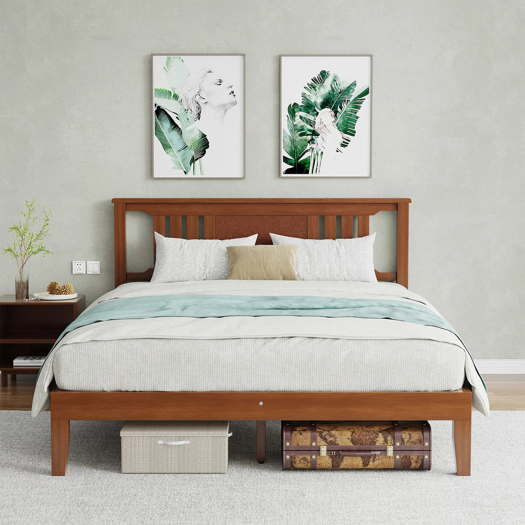 MCQ Pine Wood Platform Bed Frame with Slatted Headboard - 800lb Rated, 8" Under-Bed Clearance, No Box Spring, Twin / Full / Queen / King