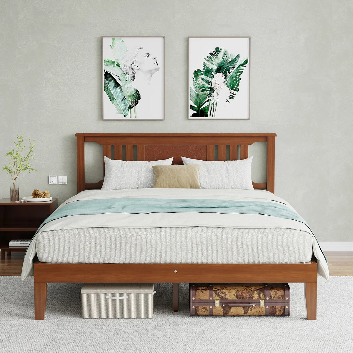MCQ Pine Wood Platform Bed Frame with Slatted Headboard - 800lb Rated, 8" Under-Bed Clearance, No Box Spring, Twin / Full / Queen / King
