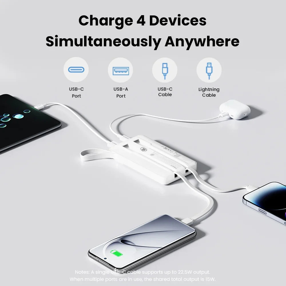 PISEN 22.5W Power Bank 10000mAh With Built-in Type C/L Cables Fast Charging Powerbank LED Display, Portable Charger For iPhone Samsung