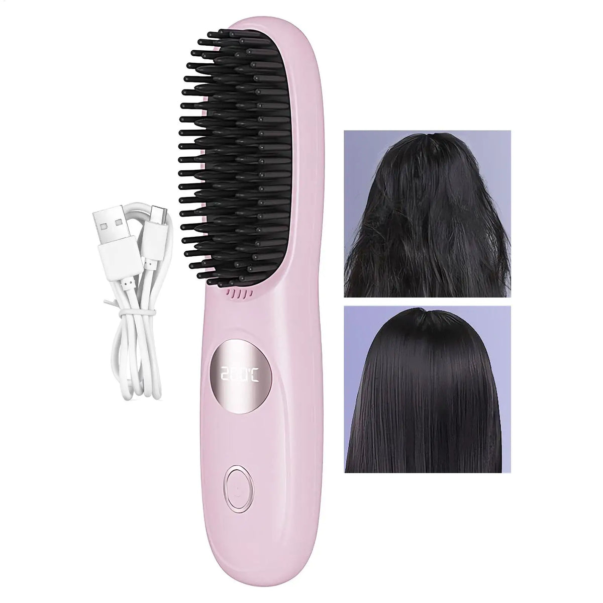 Hair Straightener Brush 3 Level Cordless USB Charging Straightener Portable Mini Straightening Brush for Home Travel