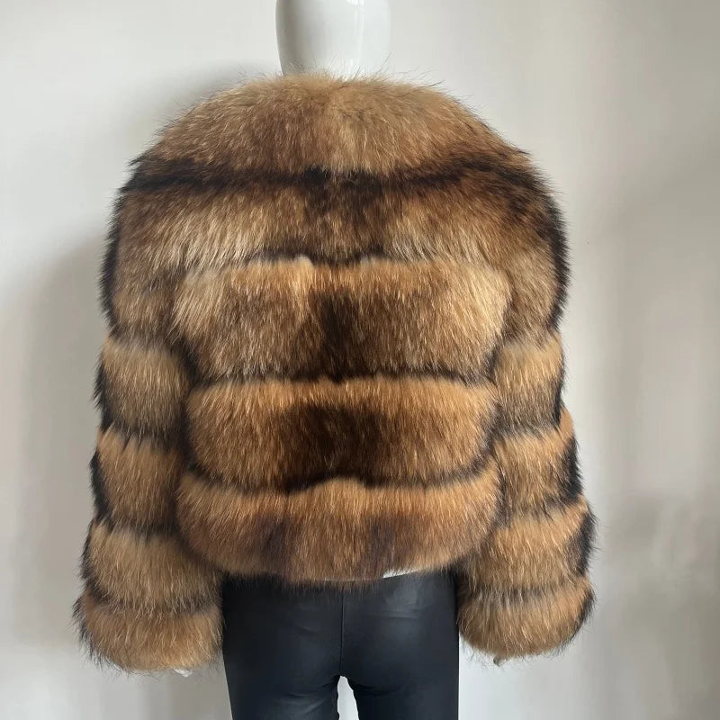 BEIZIRU Women's Real Raccoon Fur Coat with Big Turn-down Collar Winter Long Sleeve Natural Luxury Fashion Outerwear