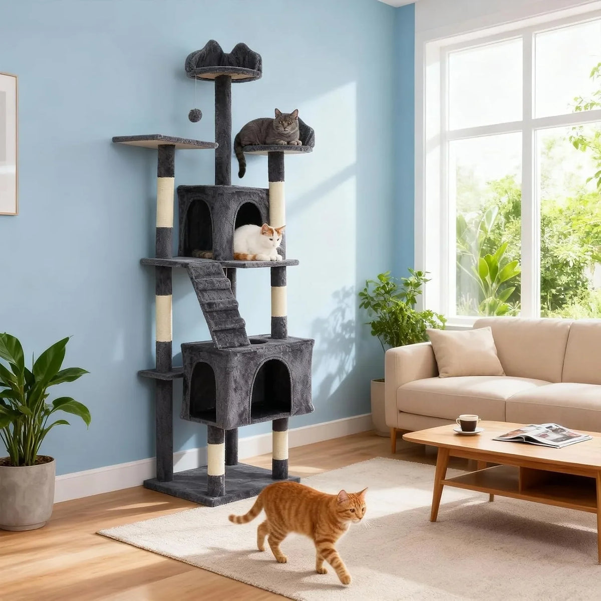 72-Inch Multi-Level Cat Tree Tower - Particle Board, 6 Sisal Posts, 2 Condos, 3 Perches, Hammock, Tunnel, Anti-Tip Kit, Grey