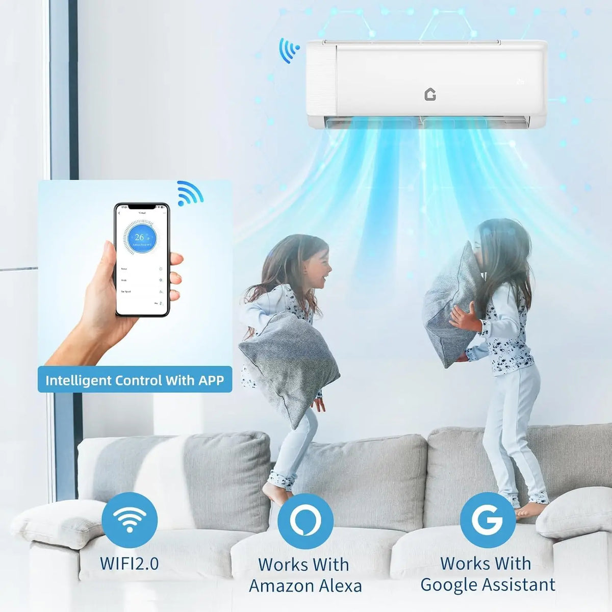 Air Conditioner, 24000 BTU Ductless Mini Split AC, Heating System, 19 SEER2, 208-230v, Cools, Heats 1500 Sq.Ft, Smart, Custom