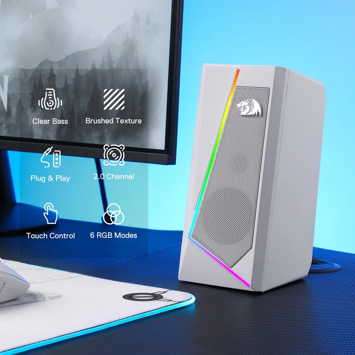Redragon GS520 Anvil RGB Desktop Speakers - 2.0 Stereo, 6 Touch-Control LED Modes, USB Powered