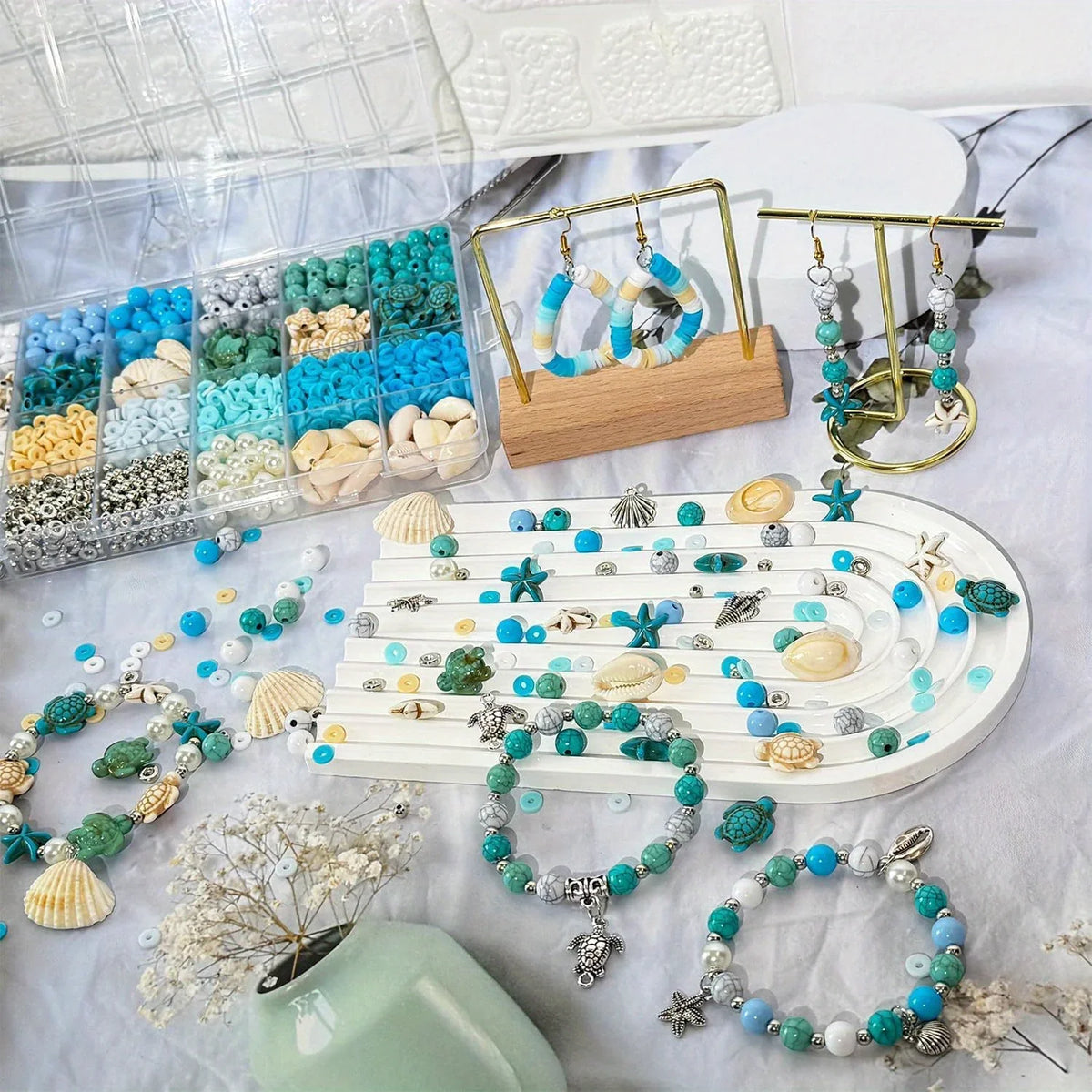 1860pcs Sea Blue and White Beads Paired with Sea Turtle and Starfish Shaped 8mm Round Beads, Suitable for Bracelets, Jewelry, Ke