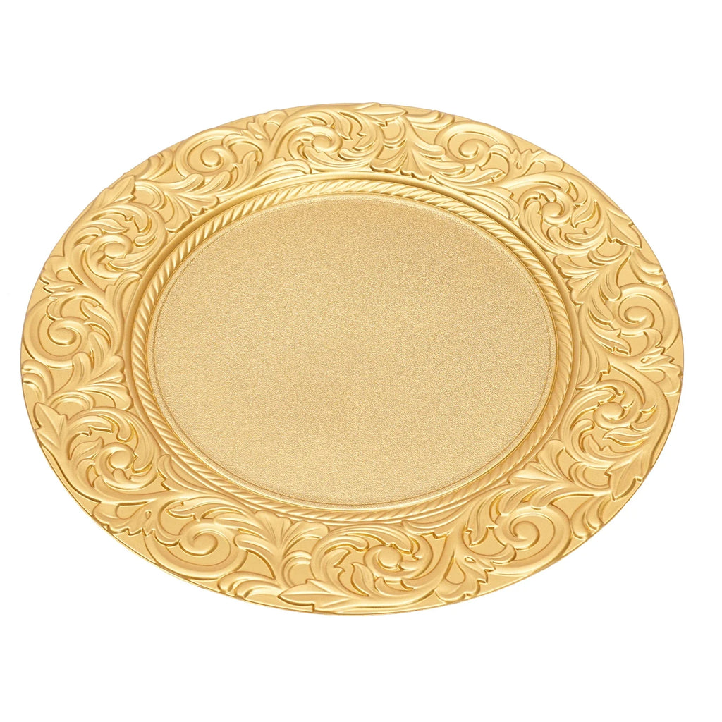 100-Pack Gold Charger Plates – Pp – 13" Embossed Rim – Spray Painted – Stackable – Elegant Wedding Banquet Party Table Decor