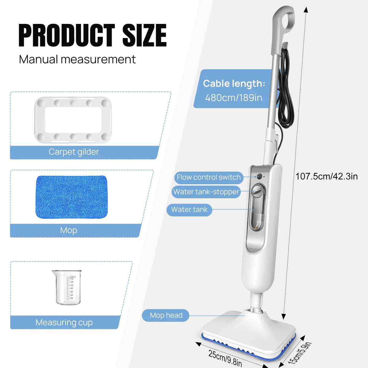 DayPlus 12-in-1 Electric Steam Mop - 1500W, 400ml, 20-Sec Heat-Up, Rotatable Head, Carpet Glider, Handheld, UK Plug