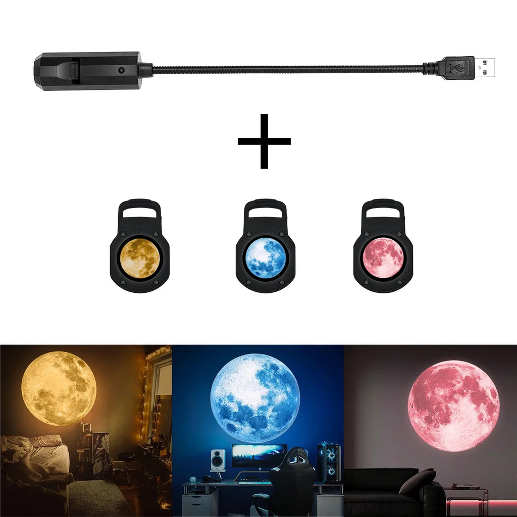 1 piece + 3 pieces of moon projection lamp, romantic home atmosphere lamp, USB lamp, bedside lighting night light