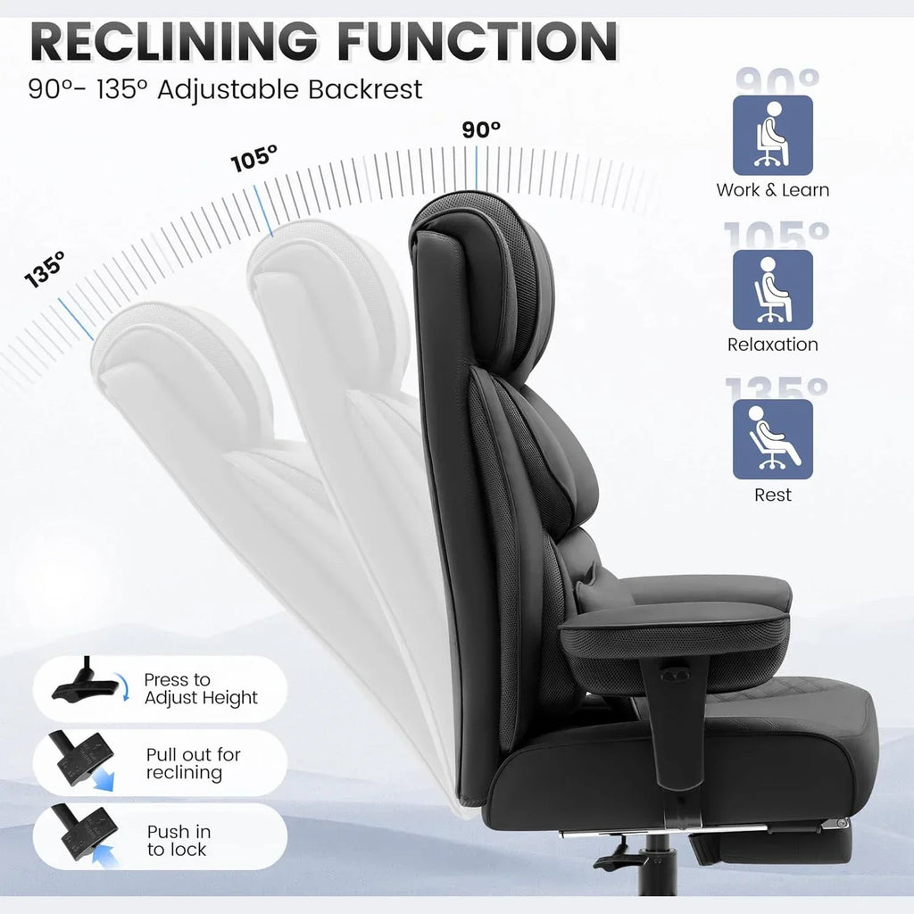 Office Desk Chair, Big and Tall Leather Gaming Chair with Footrest, Ergonomic Comfy Executive High-Back Reclining Computer