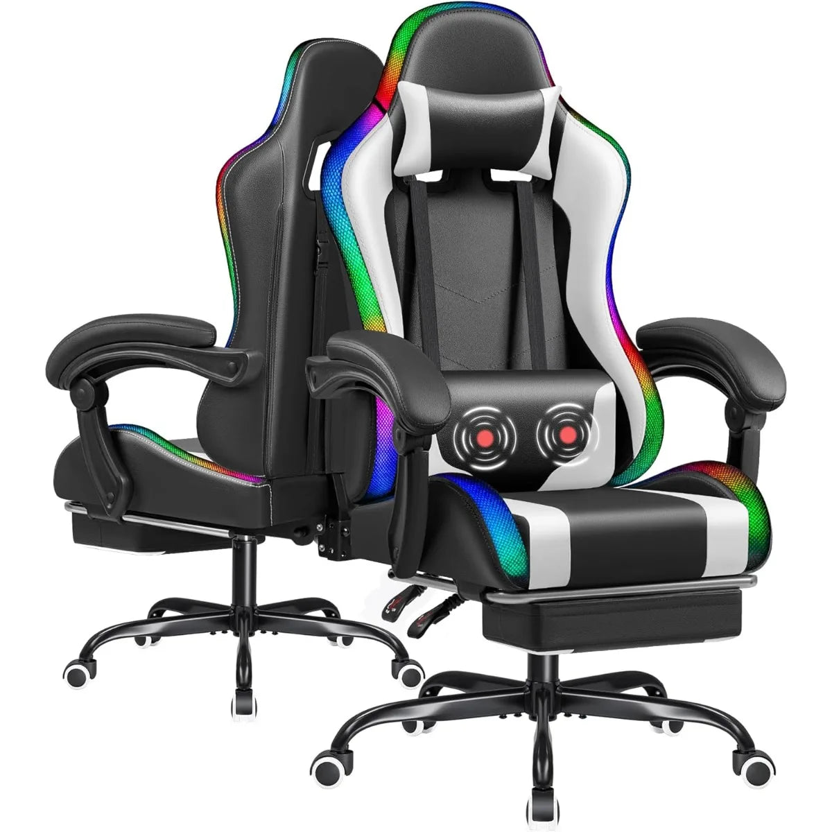 Chair with RGB LED Lights, Massage Lumbar Support & Footrest, Reclining High Back Computer Gamer Chair (White)