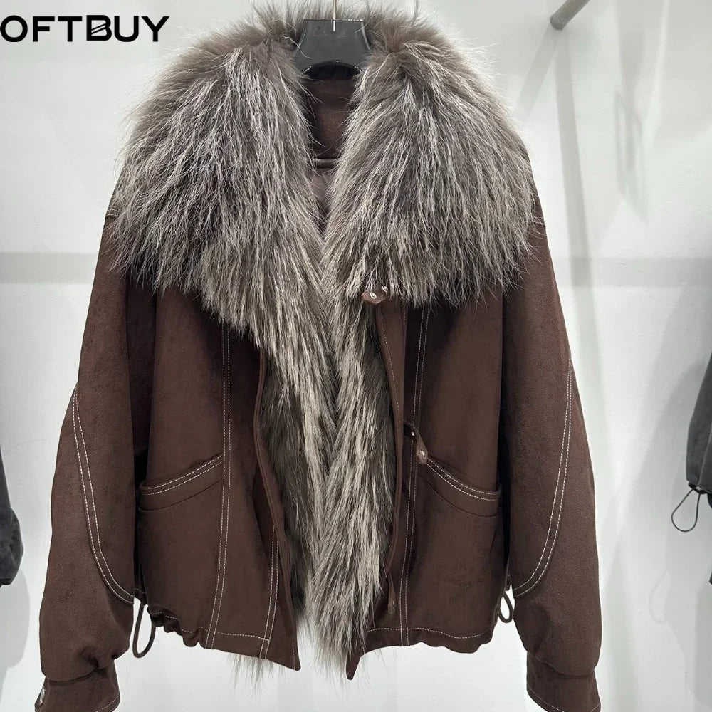 OFTBUY Women Suede Cropped Coat Oversized Real Fox Fur Collar Goose Down Jacket Winter Warm Drawstring Hem Daily Wear Outerwear