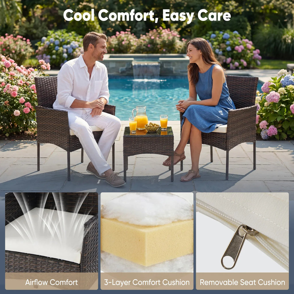 JHK Large Size 3 Pieces Outdoor Patio Furniture Set All-Weather Wicker Bistro Set with Removable Cushions and Glass Table Garden