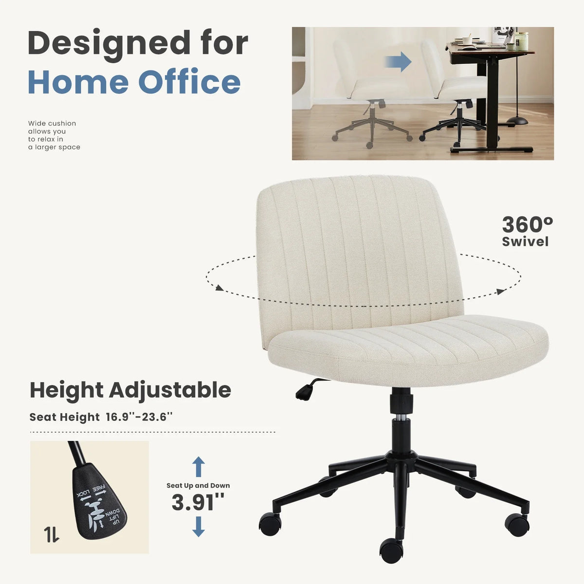 MCQ Armless With Wheel Ergonomic Gaming Office Chair with Adjustable Height 360° Swivel Gaming Racing Chair For Home Office