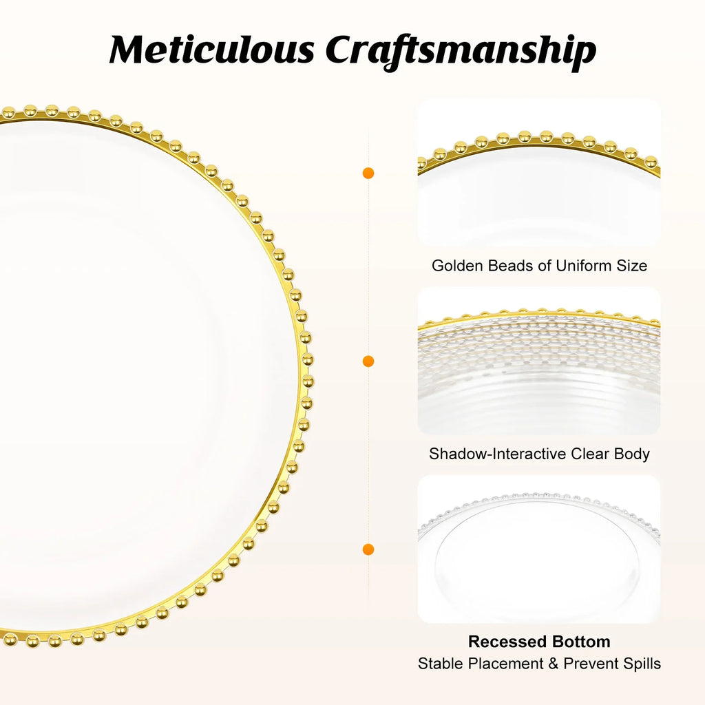 Round Clear Gold Beaded Charger Plates 25 Pack PS Plastic Dinner Under Plates 32cm Decorative Serving Plates for Wedding Banquet Party Table Decor