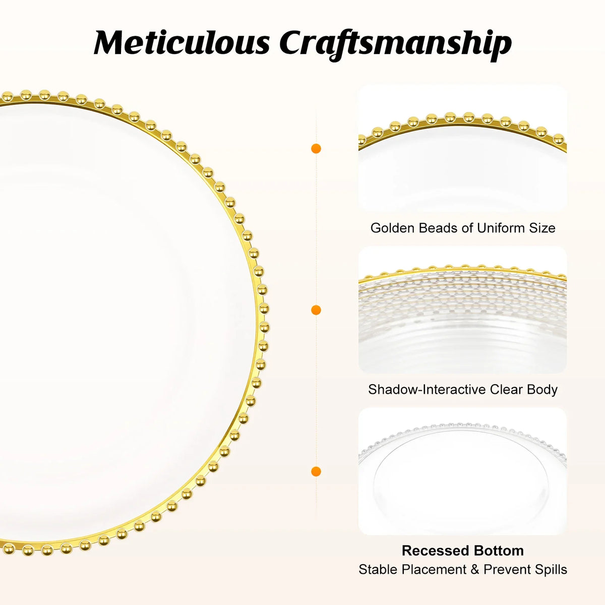 Round Clear Gold Beaded Charger Plates 25 Pack PS Plastic Dinner Under Plates 32cm Decorative Serving Plates for Wedding Banquet Party Table Decor