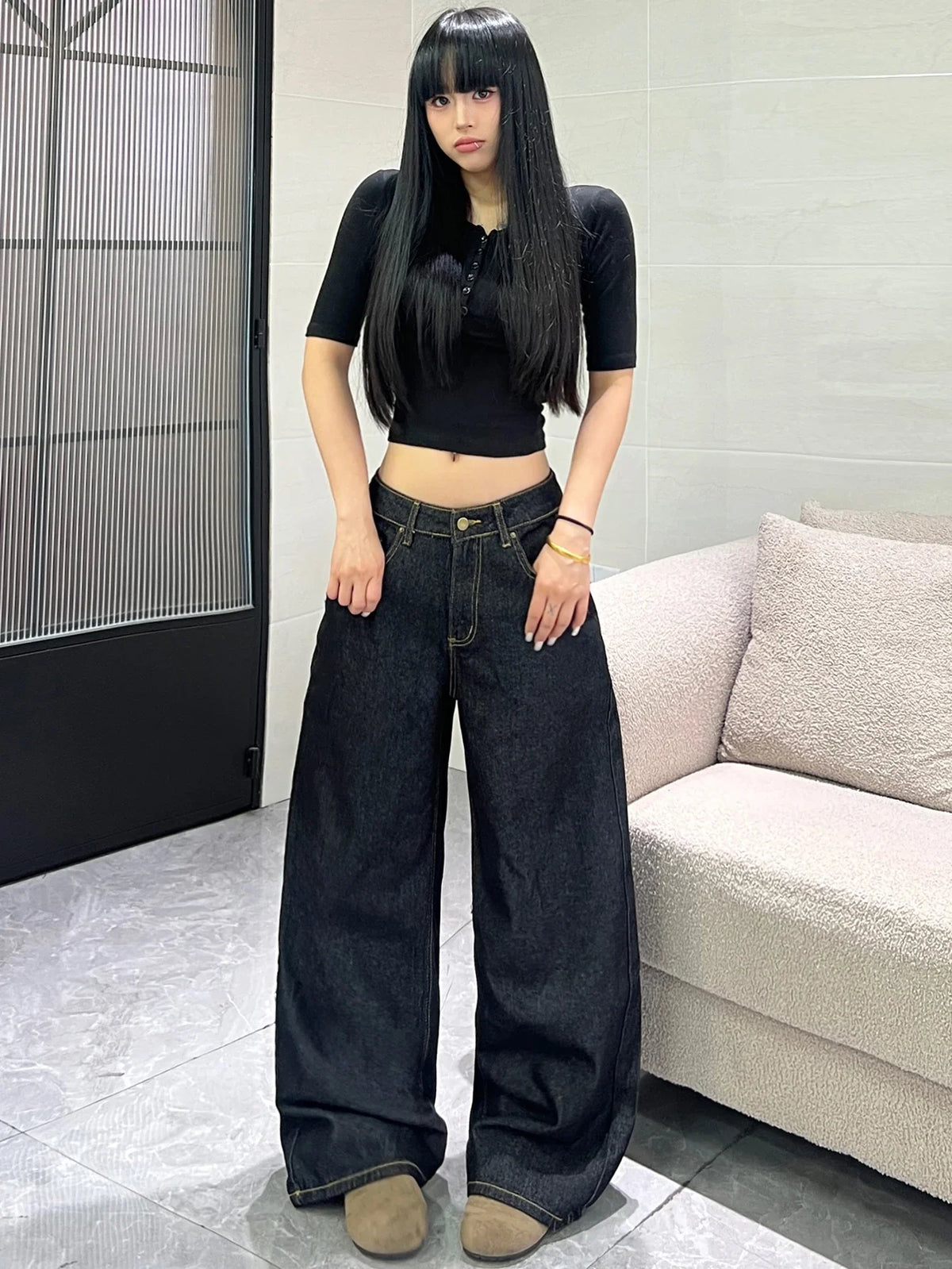 Women's Classic Black Loose American-Style Jeans, Trendy And Versatile Casual Wide-Leg Pants