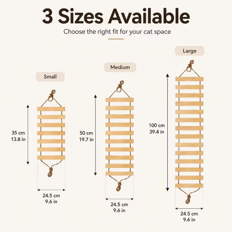 Natural Wood Cat Climbing Ladder Bridge, Flexible Hanging Cat Toy for Wall Path, Shelves, Cat Tree and Condo