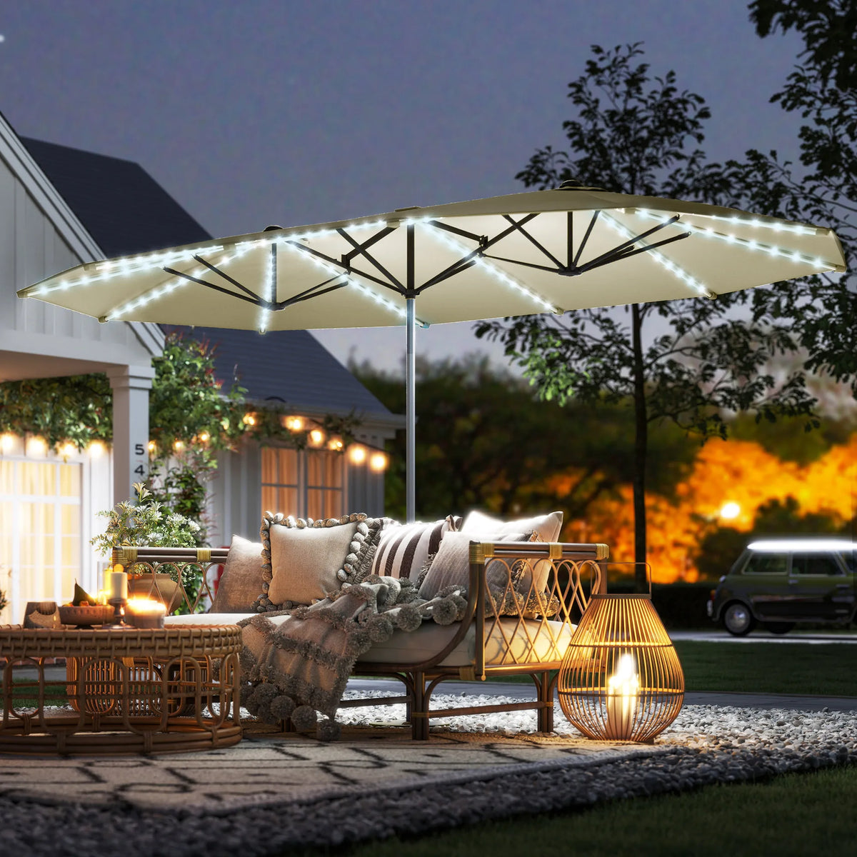 15ft Patio Umbrella Solar Lights UPF50+ Outdoor Umbrella Cream