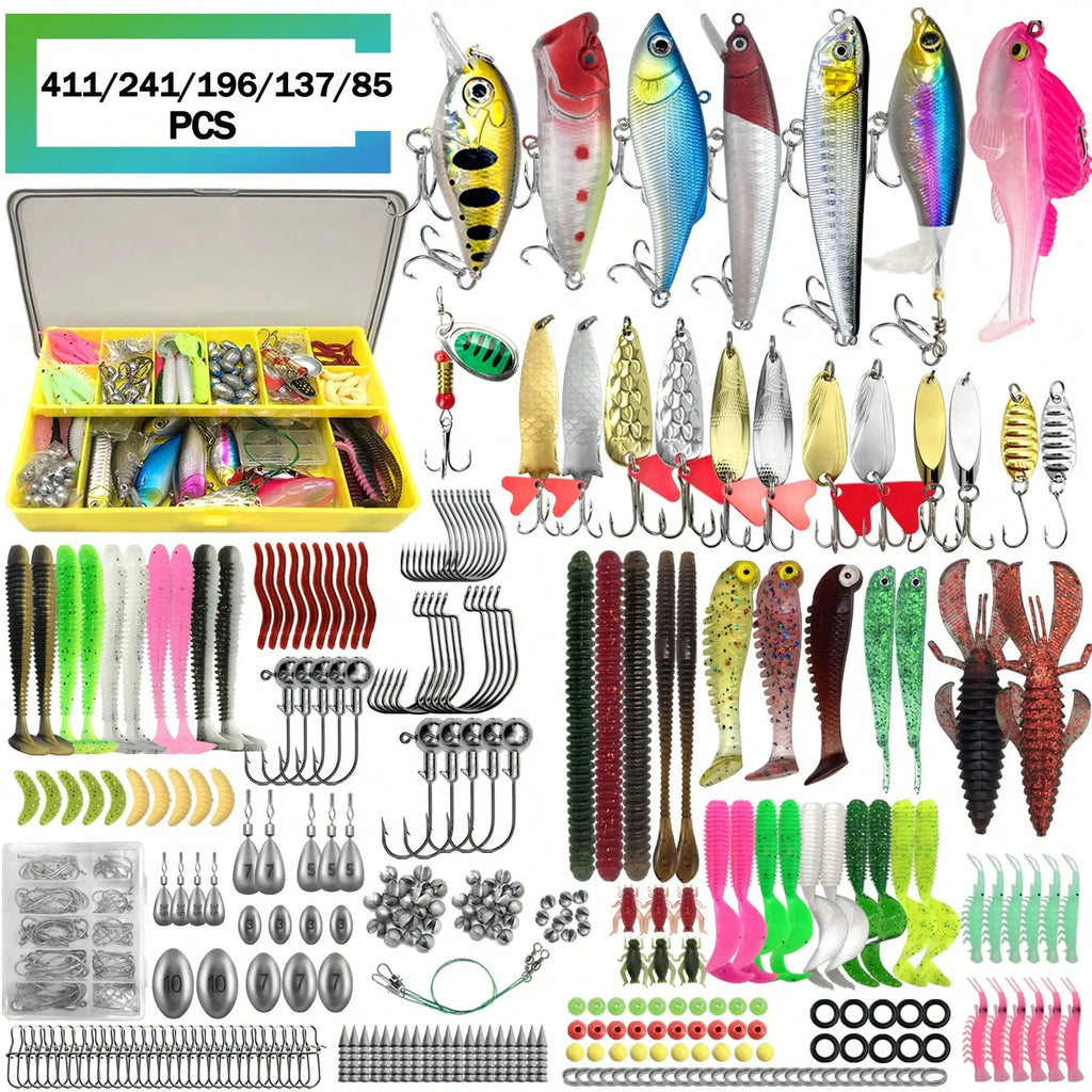 411/241/196/137/85pcs Fishing Lure Set, With A Box, Soft Baits, Spoon Baits, Hooks, Hard Baits And Other Fishing Accessories Sets, Universal For Seawater And Fresh Water