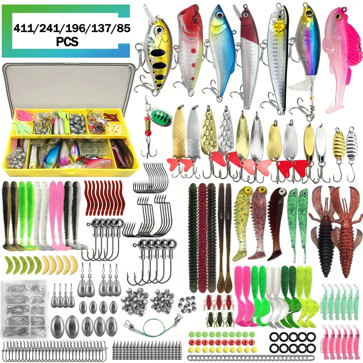 411/241/196/137/85pcs Fishing Lure Set, With A Box, Soft Baits, Spoon Baits, Hooks, Hard Baits And Other Fishing Accessories Sets, Universal For Seawater And Fresh Water