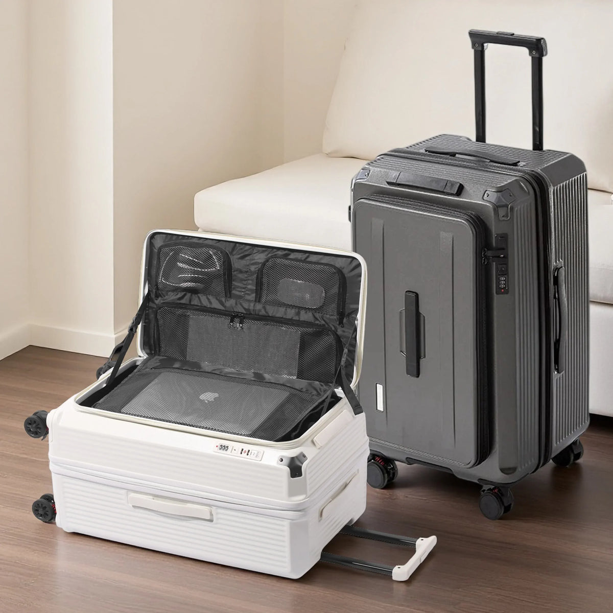 Multi-Functional PC Luggage Expandable Suitcase TSA Lock USB Type-C Port Shockproof Brake Wheel Front Open Carry On Trolley Case