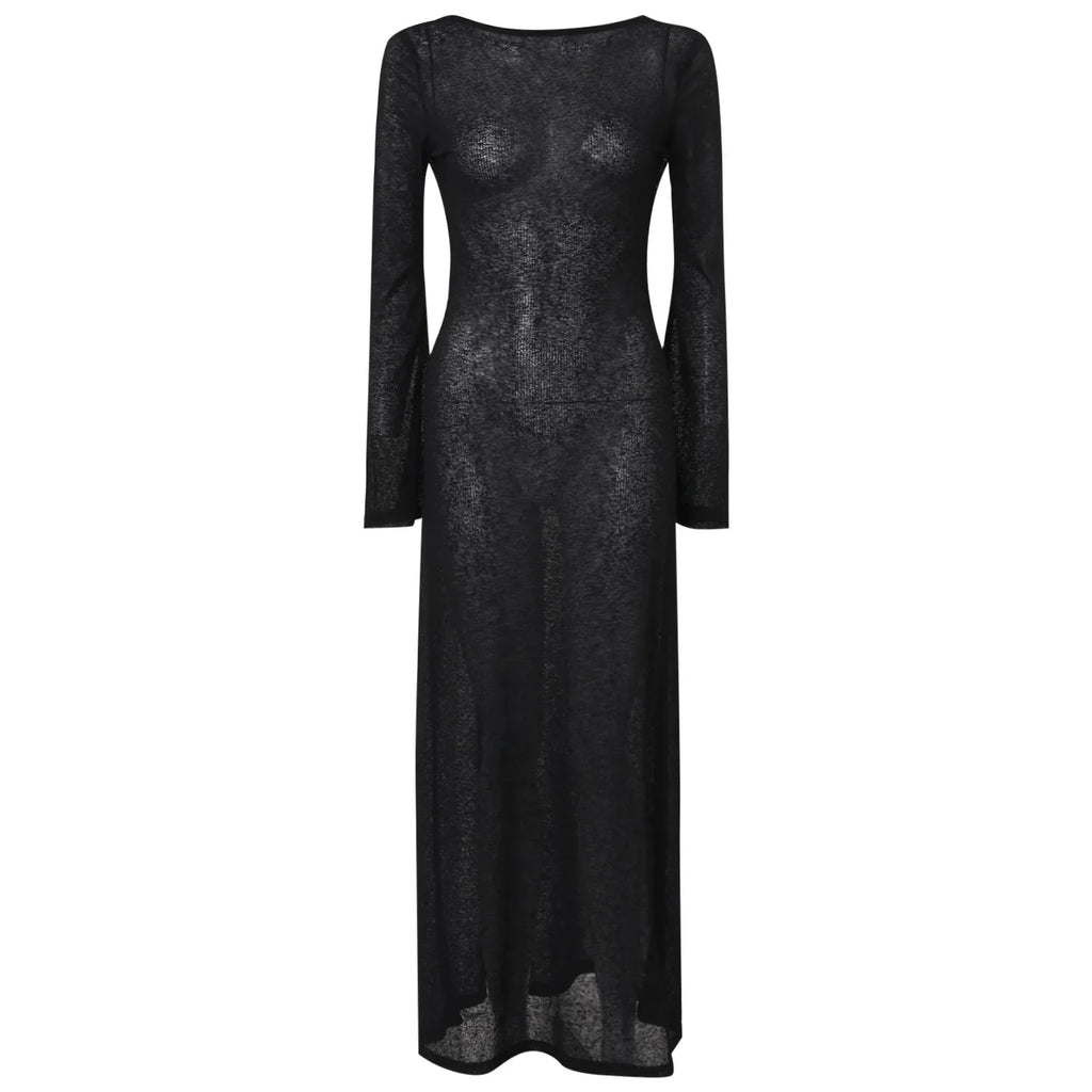 Sexy Women Long Knit Sleeve Bikin Backless Solid Dresses Fashion Cover Up Female See-Through Hollow-Out Beach Knitwear Dress